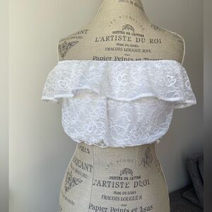 White lace off the shoulder crop top